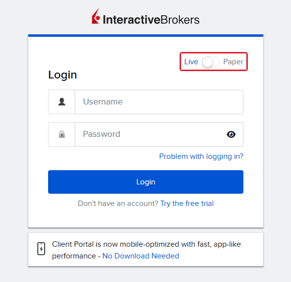 IBKR login page with the Live and Paper switch outlined in red