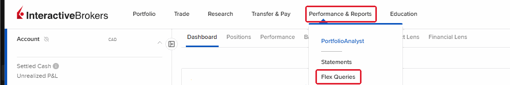 Top menu with Performance and Reports and the Flex Queries item outlined in red