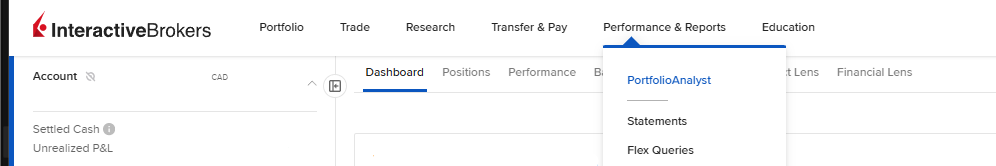 Performance and Reports dropdown showing Flex Queries option