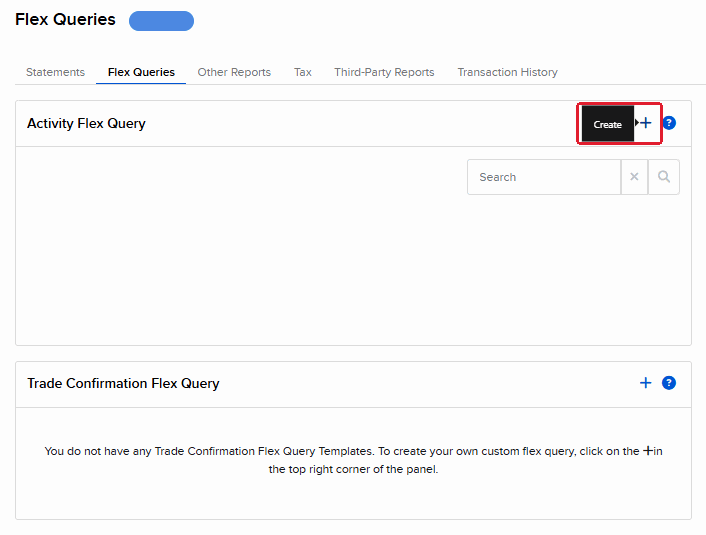 Flex Queries page with the plus button in the Activity Flex Query panel outlined in red