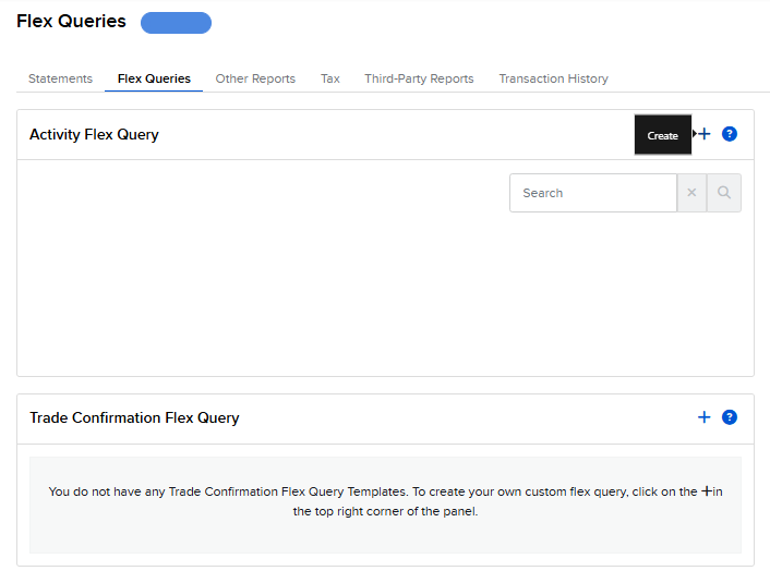 Flex Queries page with the plus button highlighted