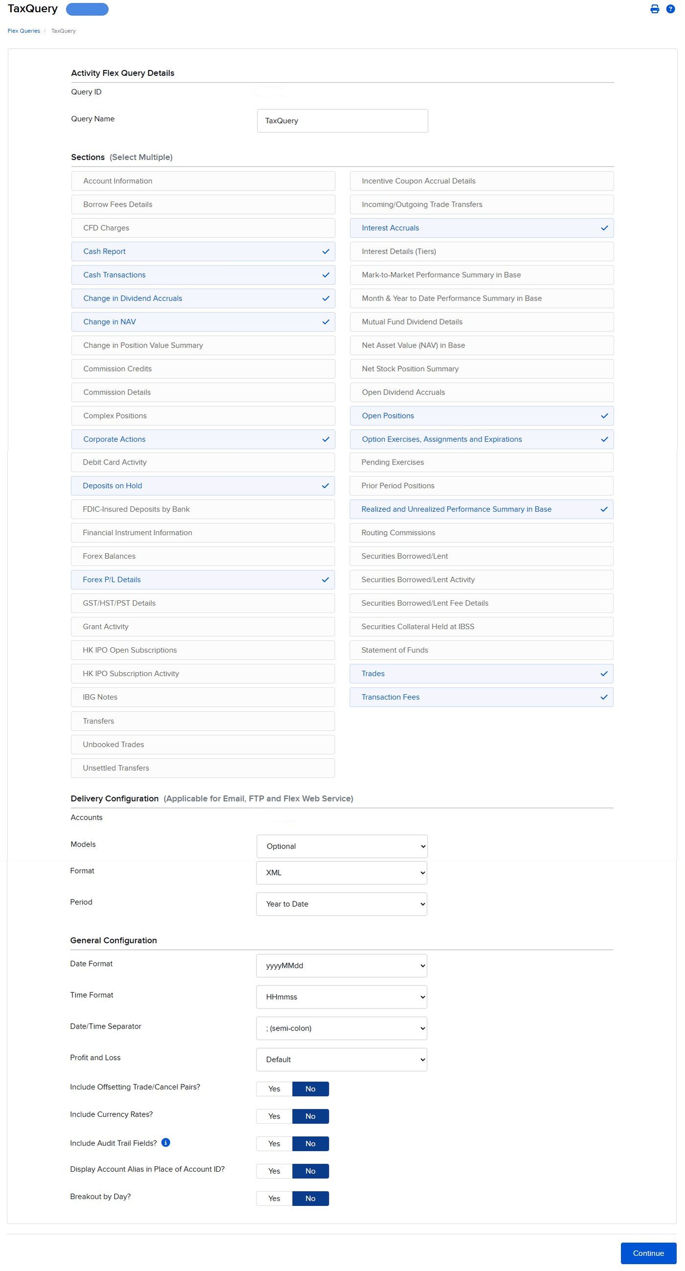 TaxQuery configuration page showing selected sections highlighted in blue