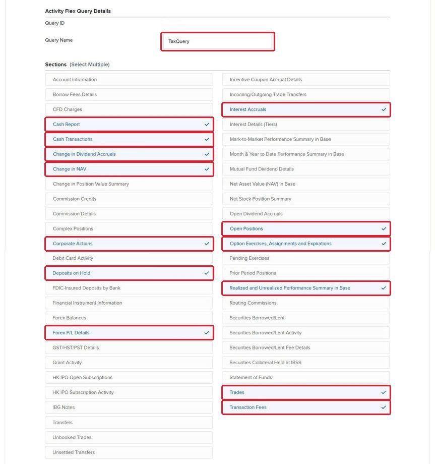 Activity Flex Query Details with the query name and the 13 checked sections outlined in red
