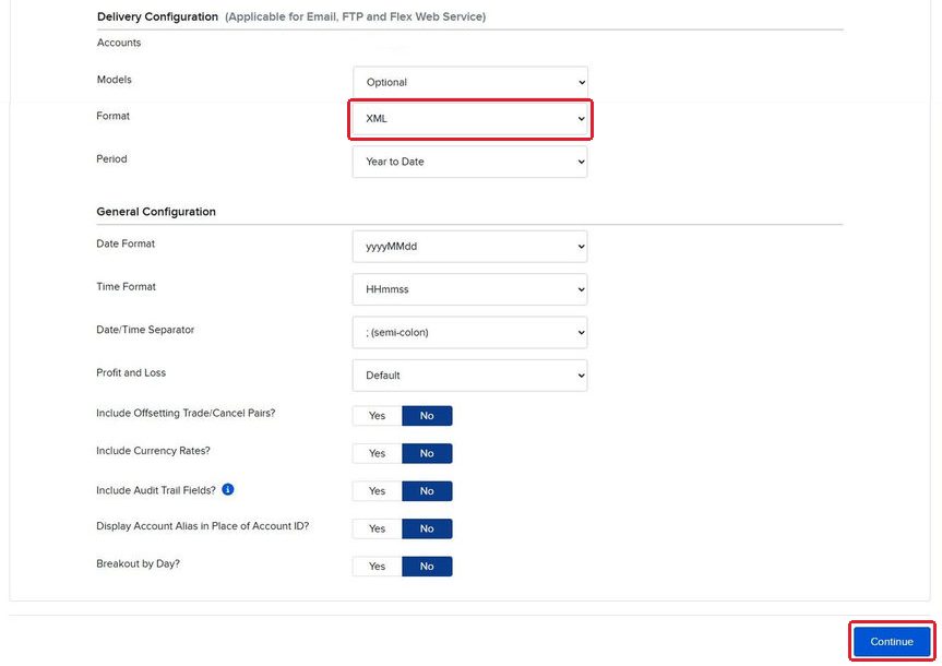 Delivery and general settings with Format set to XML and the Continue button outlined in red