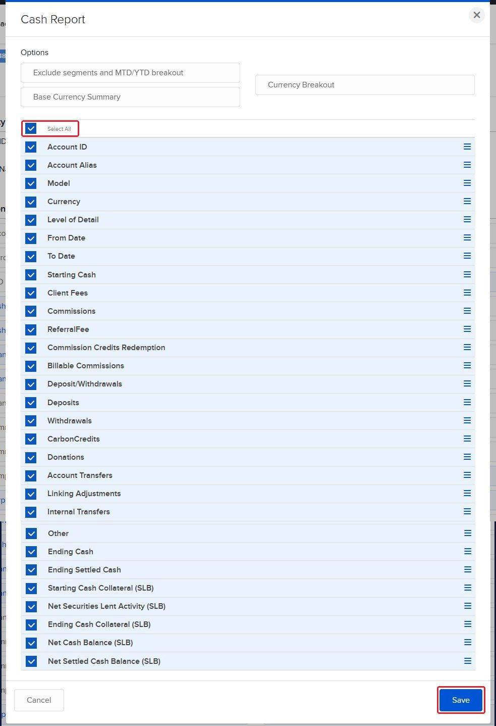Section field list with Select All and the Save button outlined in red