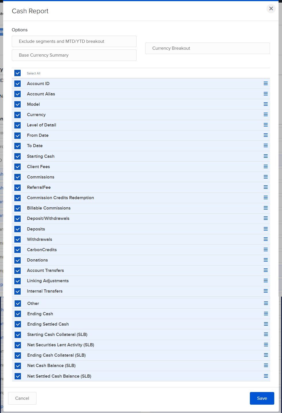 Example section dialog with Select All checked and all fields selected