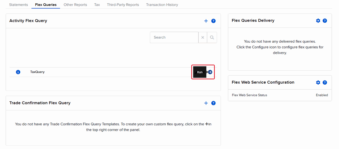 Saved TaxQuery with the Run arrow outlined in red