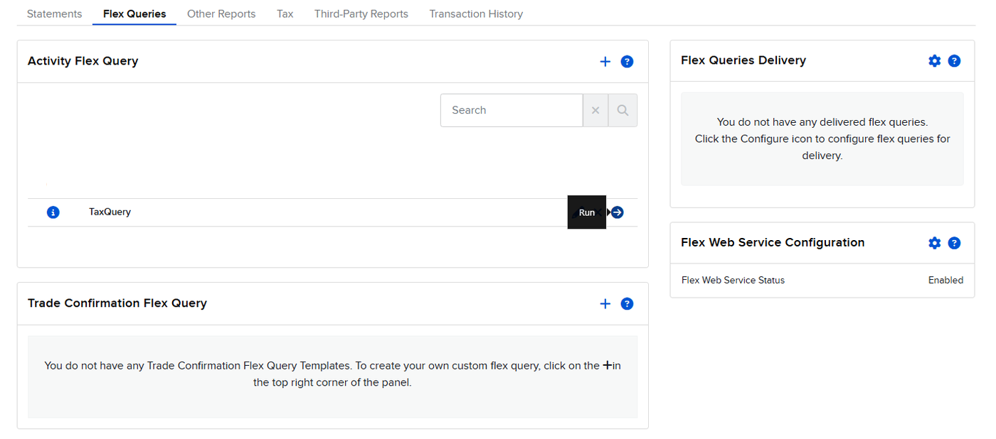 Flex Queries page showing TaxQuery listed with the Run button