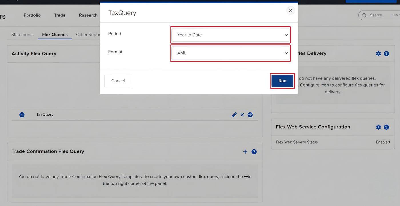 Run dialog with Period, Format and the Run button outlined in red