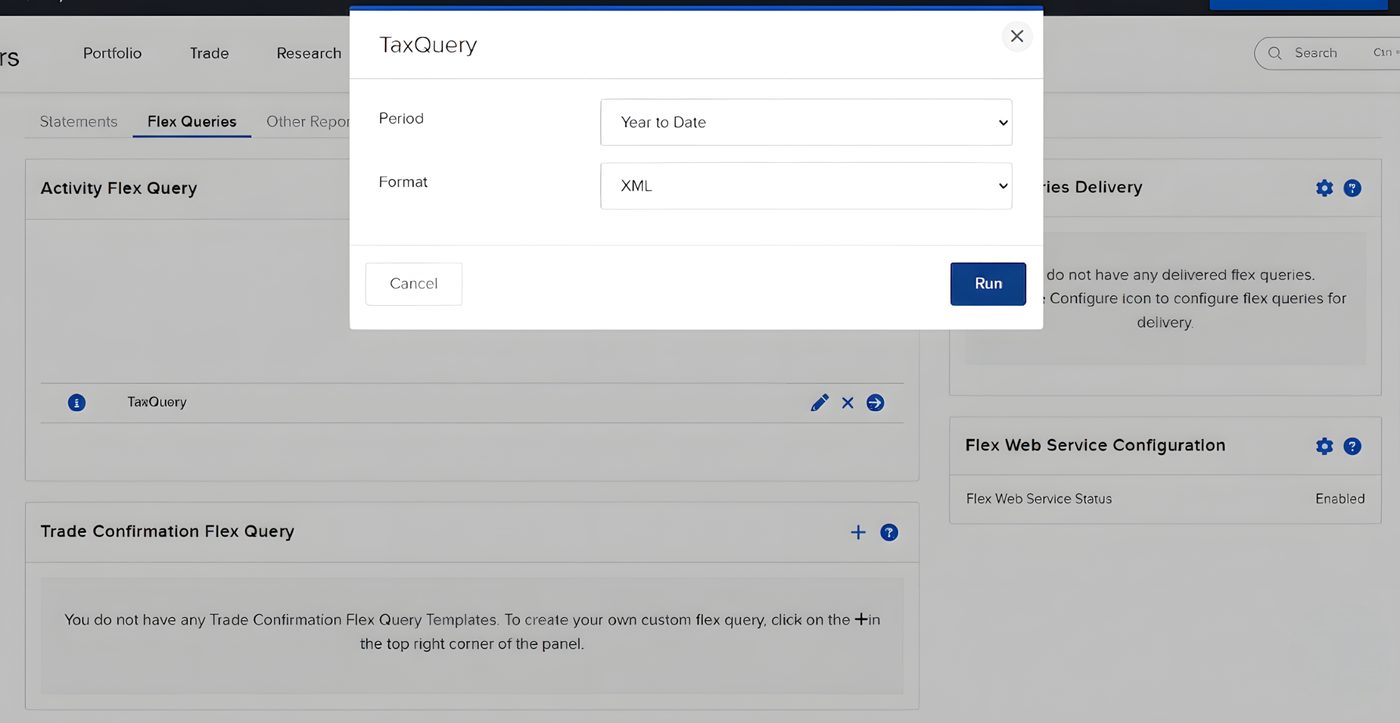 TaxQuery run dialog showing Period and Format options