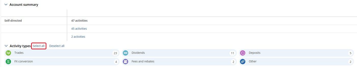 Activity types with the Select all link outlined in red