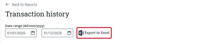 Date range fields with the Export to Excel button outlined in red
