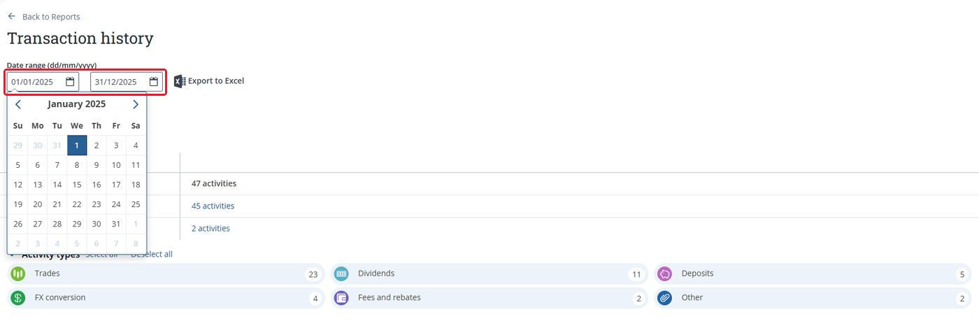 Transaction history page with the start and end date fields outlined in red