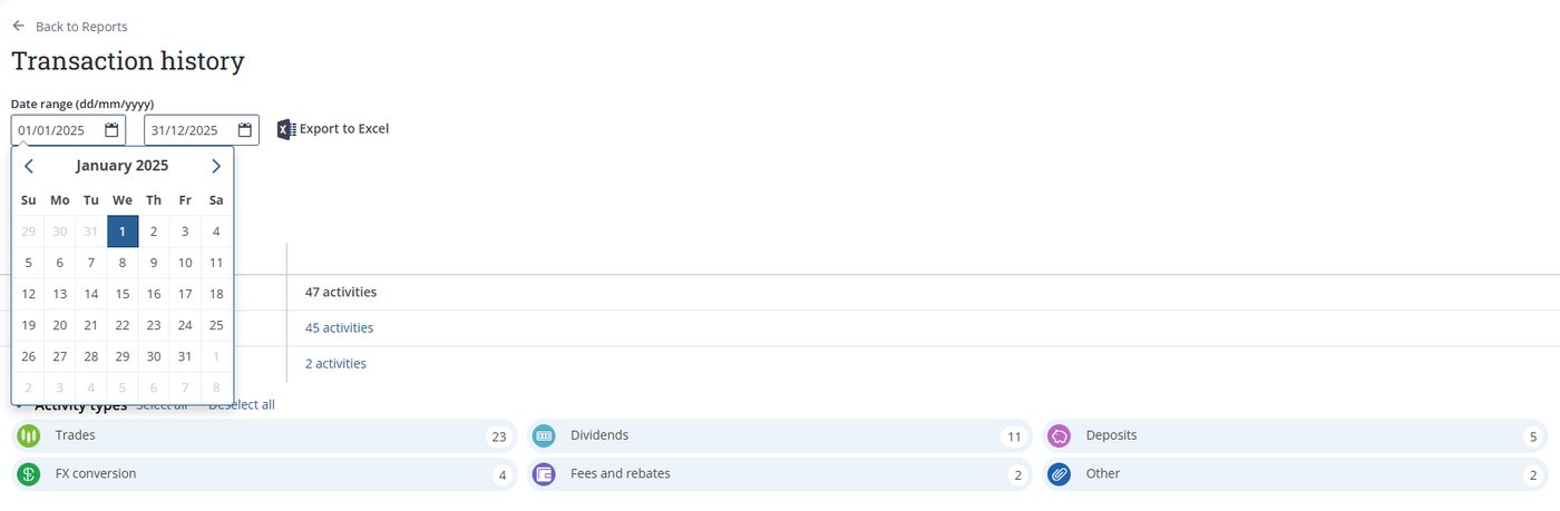 Transaction history page with date range and all activity types selected