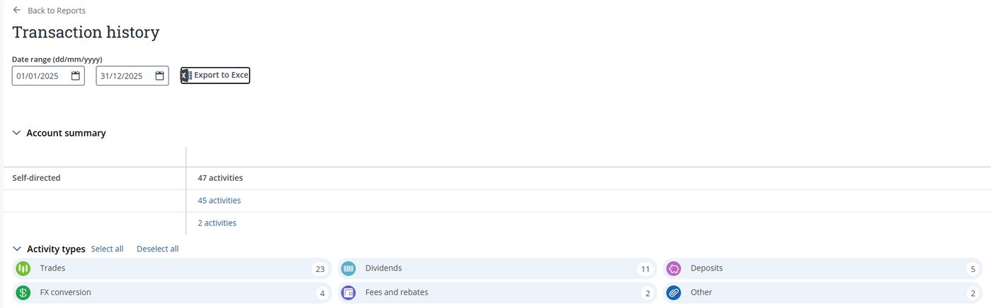 Transaction history page showing the Export to Excel button