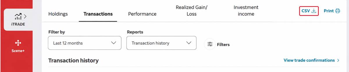 Transactions tab with the CSV download link outlined in red
