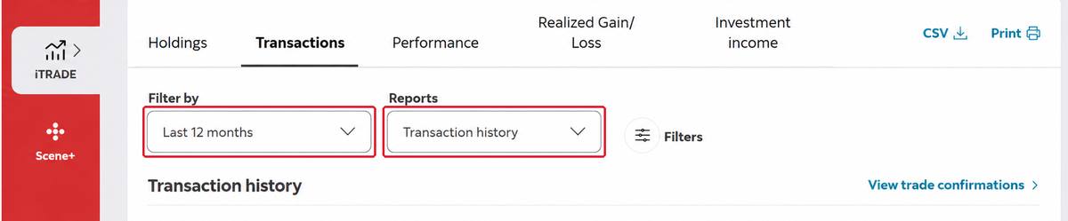 Transactions tab with the Filter by and Reports menus outlined in red