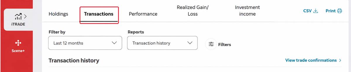 Scotia iTRADE account tabs with the Transactions tab outlined in red