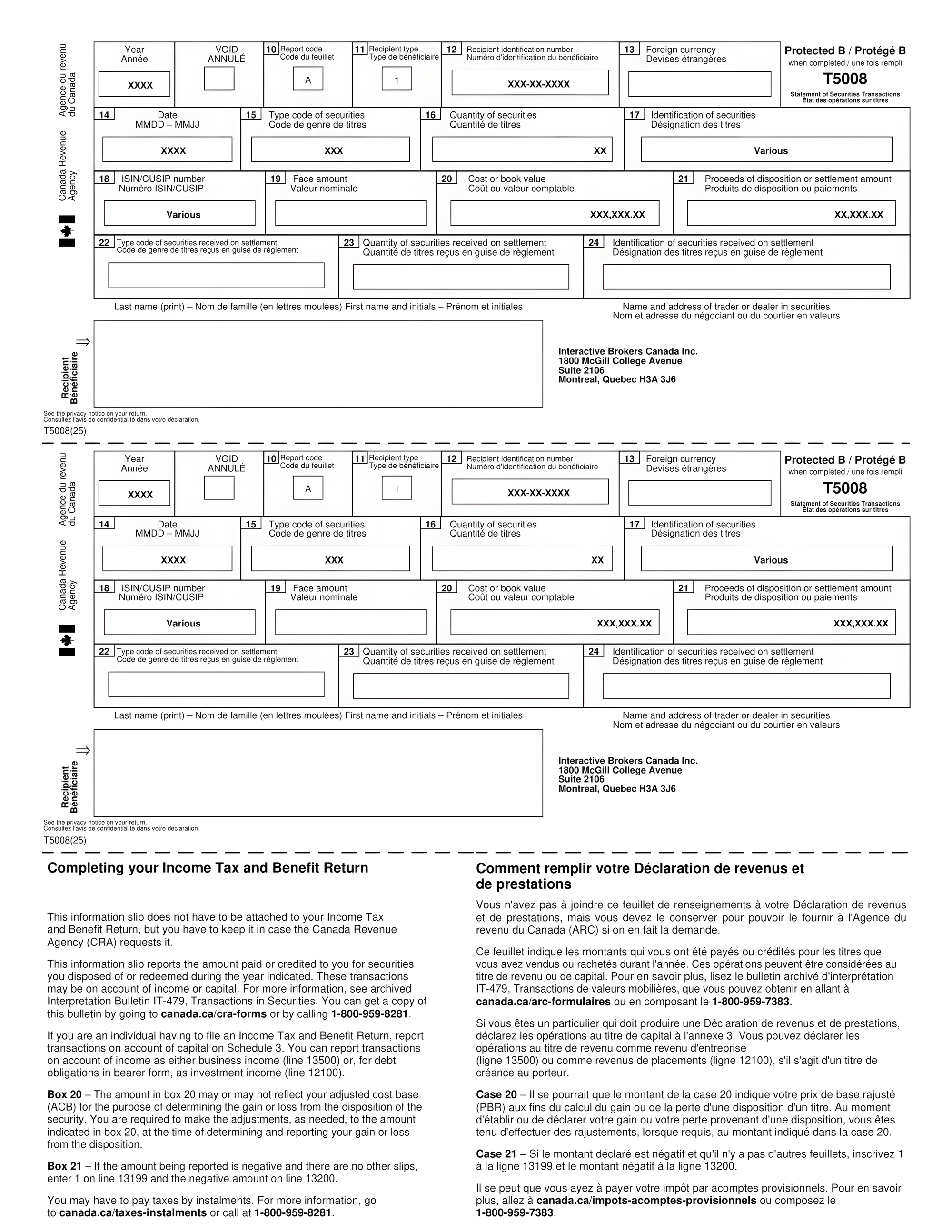 CRA T5008 Statement of Securities Transactions