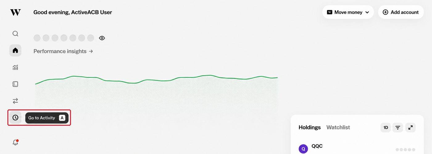Wealthsimple home screen with the Activity clock icon and its Go to Activity label outlined in red