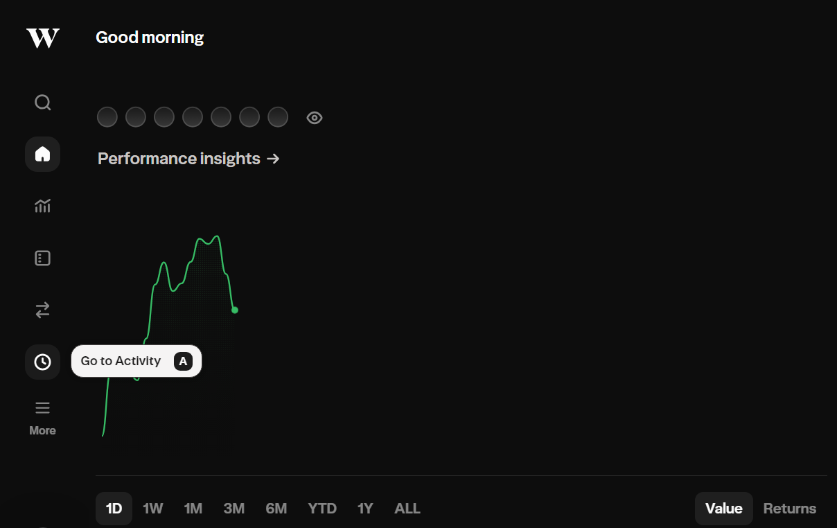 Wealthsimple home dashboard showing the activity icon