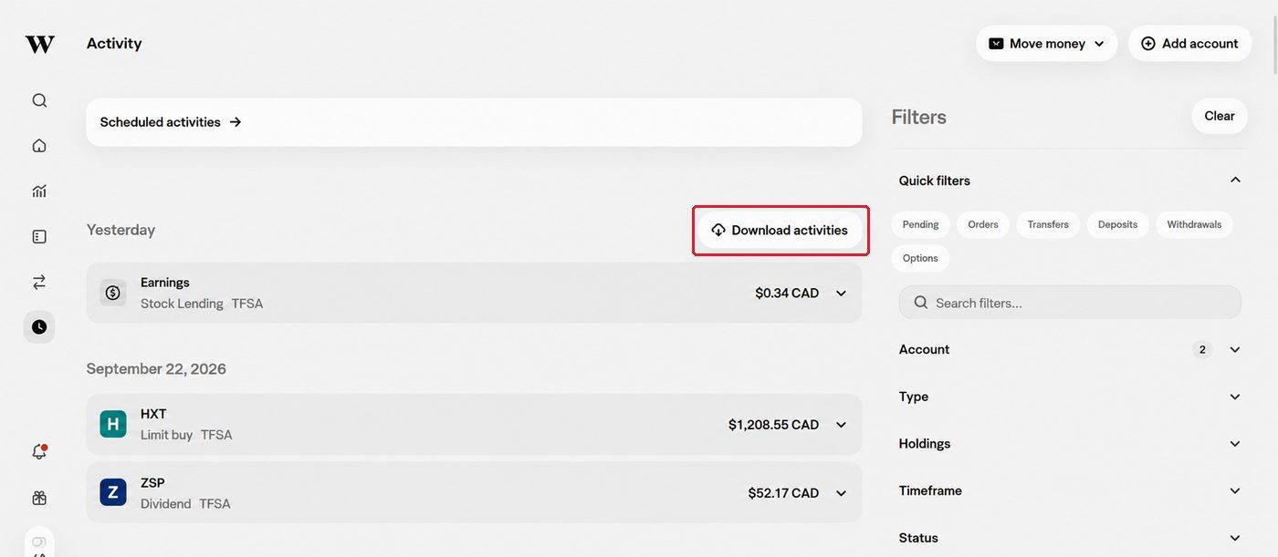 Wealthsimple Activity page with the Download activities button outlined in red