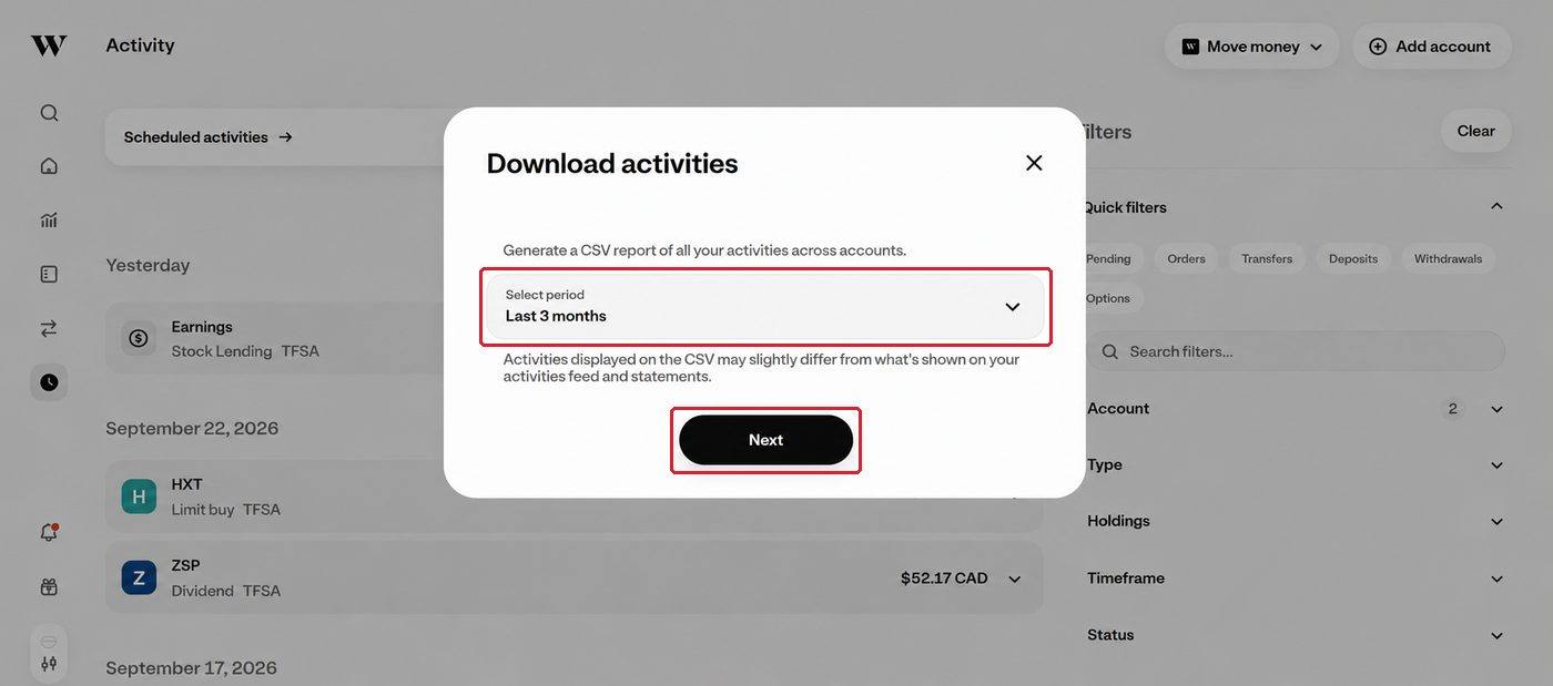 Download activities dialog with the Select period menu and the Next button outlined in red