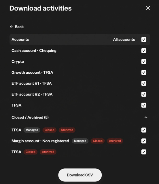 Wealthsimple download dialog showing account selector and download CSV button