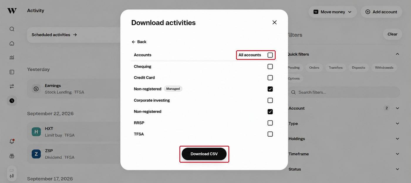 Account list in the Download activities dialog with All accounts and the Download CSV button outlined in red